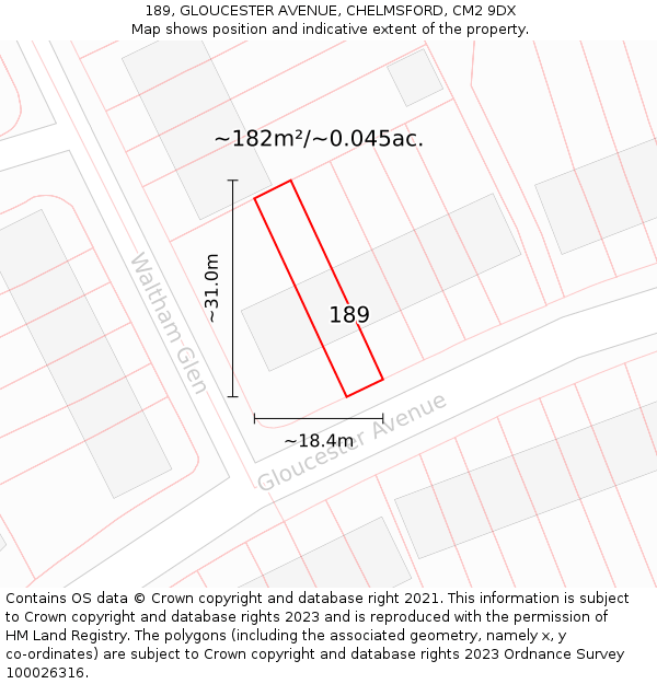 189, GLOUCESTER AVENUE, CHELMSFORD, CM2 9DX: Plot and title map