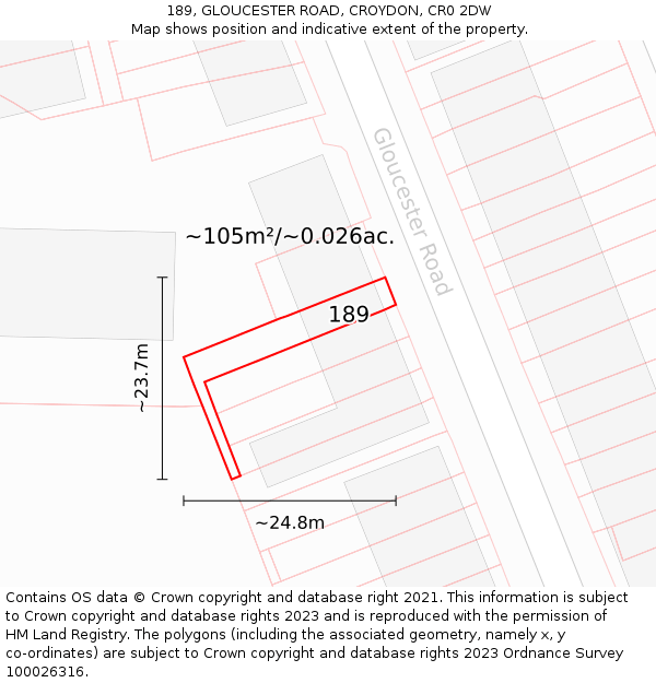 189, GLOUCESTER ROAD, CROYDON, CR0 2DW: Plot and title map