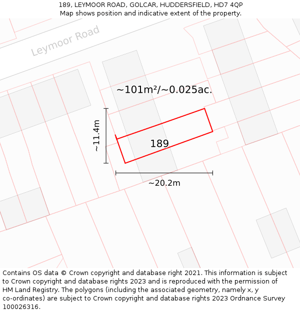 189, LEYMOOR ROAD, GOLCAR, HUDDERSFIELD, HD7 4QP: Plot and title map