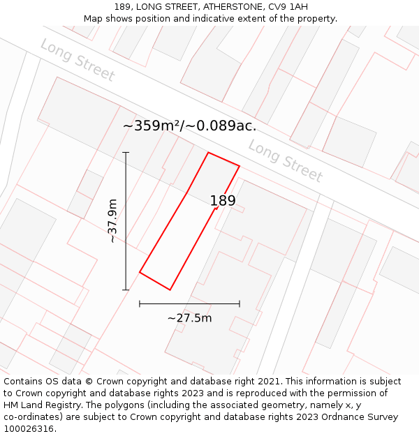 189, LONG STREET, ATHERSTONE, CV9 1AH: Plot and title map