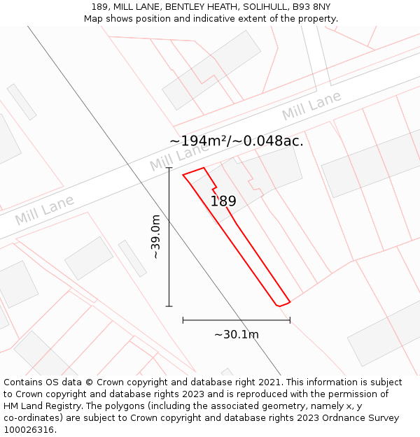 189, MILL LANE, BENTLEY HEATH, SOLIHULL, B93 8NY: Plot and title map