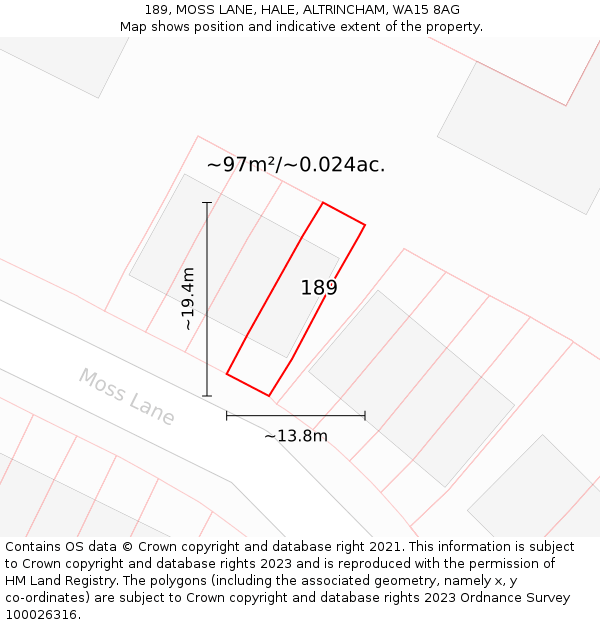 189, MOSS LANE, HALE, ALTRINCHAM, WA15 8AG: Plot and title map