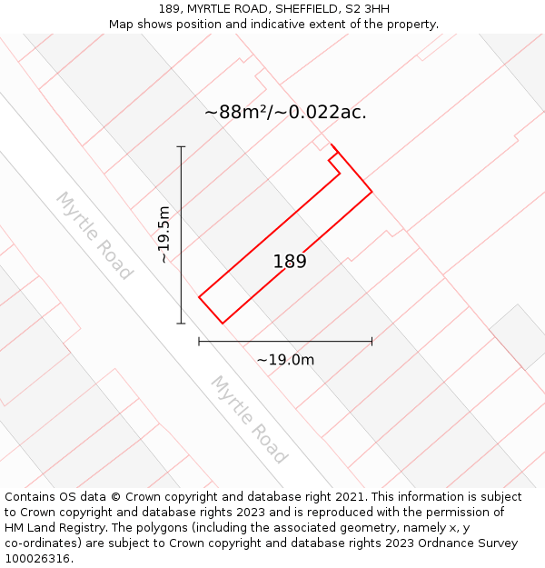 189, MYRTLE ROAD, SHEFFIELD, S2 3HH: Plot and title map