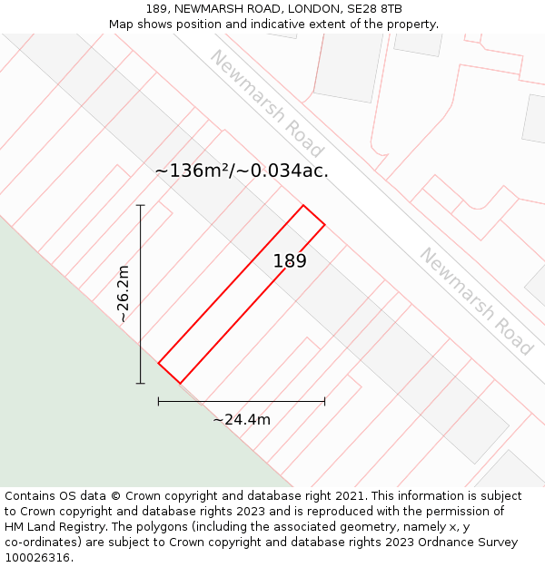 189, NEWMARSH ROAD, LONDON, SE28 8TB: Plot and title map