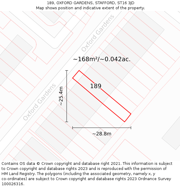 189, OXFORD GARDENS, STAFFORD, ST16 3JD: Plot and title map