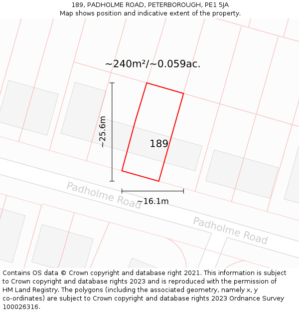 189, PADHOLME ROAD, PETERBOROUGH, PE1 5JA: Plot and title map