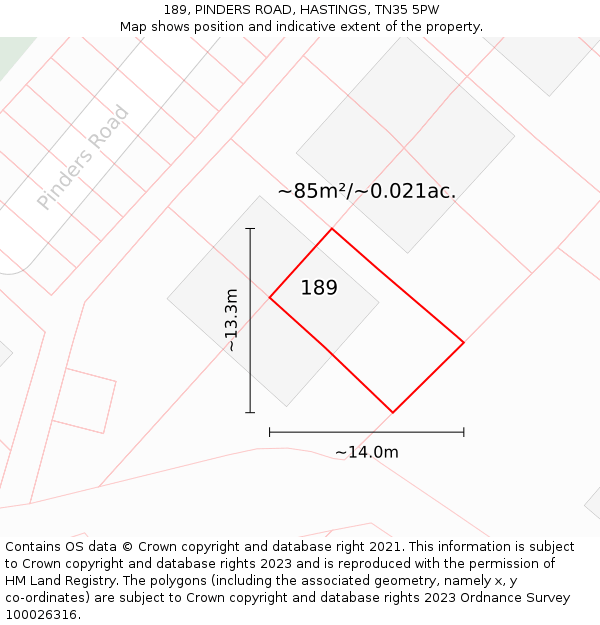189, PINDERS ROAD, HASTINGS, TN35 5PW: Plot and title map