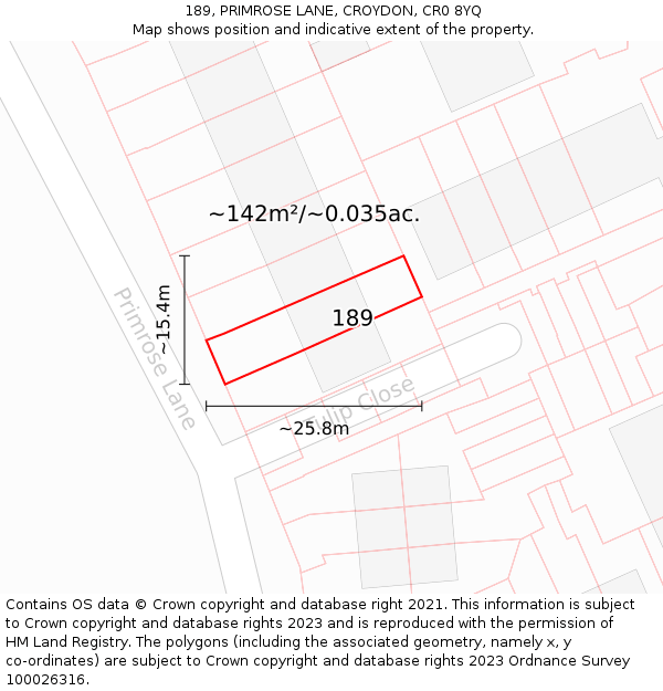 189, PRIMROSE LANE, CROYDON, CR0 8YQ: Plot and title map