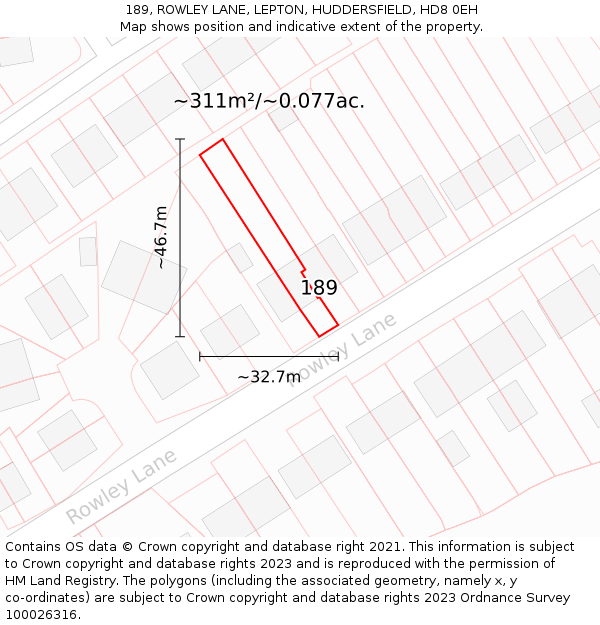 189, ROWLEY LANE, LEPTON, HUDDERSFIELD, HD8 0EH: Plot and title map