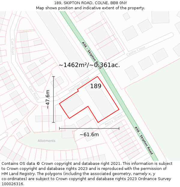 189, SKIPTON ROAD, COLNE, BB8 0NY: Plot and title map
