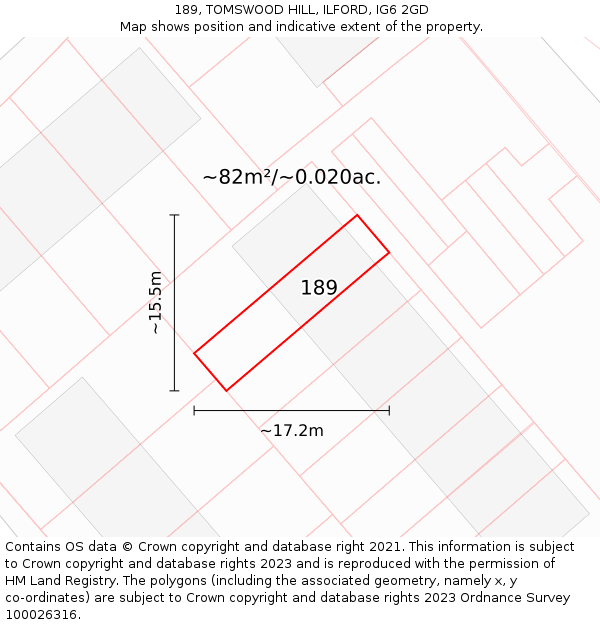 189, TOMSWOOD HILL, ILFORD, IG6 2GD: Plot and title map