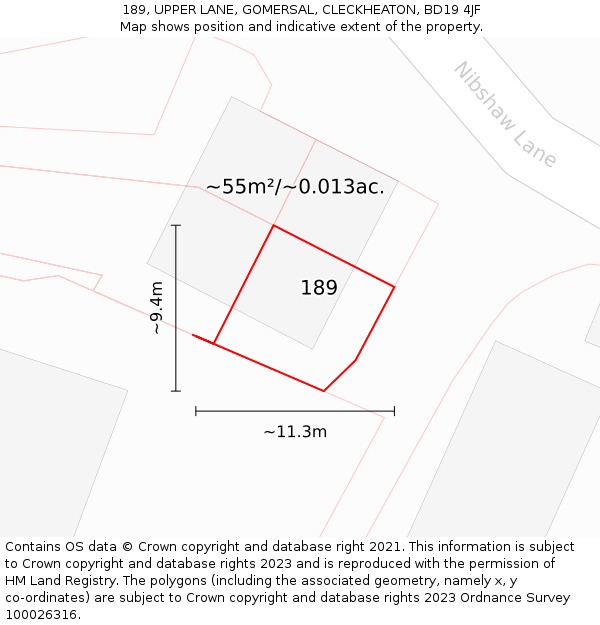 189, UPPER LANE, GOMERSAL, CLECKHEATON, BD19 4JF: Plot and title map