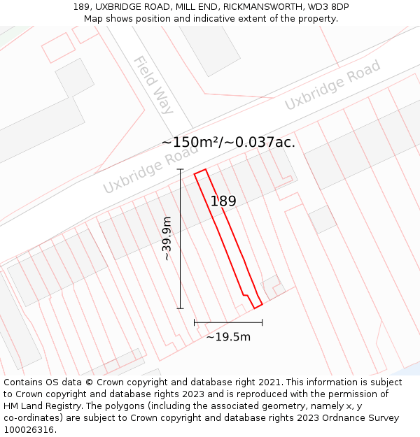 189, UXBRIDGE ROAD, MILL END, RICKMANSWORTH, WD3 8DP: Plot and title map