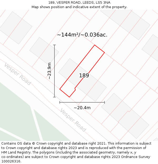 189, VESPER ROAD, LEEDS, LS5 3NA: Plot and title map