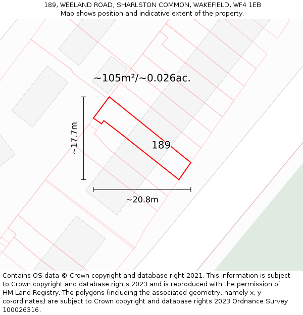 189, WEELAND ROAD, SHARLSTON COMMON, WAKEFIELD, WF4 1EB: Plot and title map