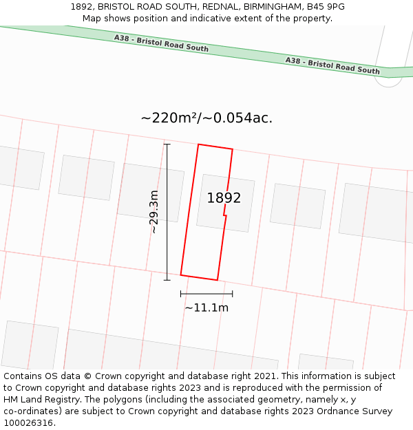 1892, BRISTOL ROAD SOUTH, REDNAL, BIRMINGHAM, B45 9PG: Plot and title map