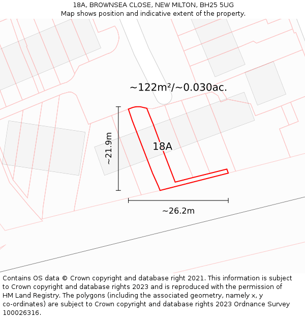 18A, BROWNSEA CLOSE, NEW MILTON, BH25 5UG: Plot and title map