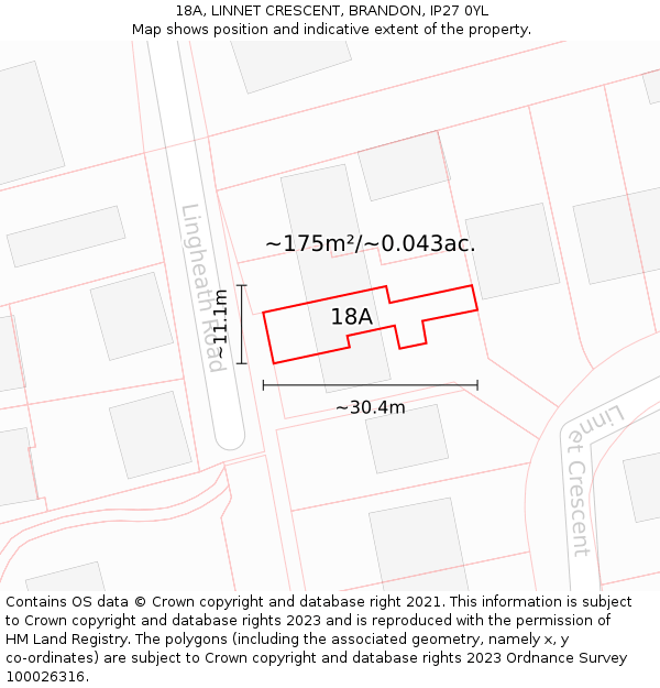 18A, LINNET CRESCENT, BRANDON, IP27 0YL: Plot and title map