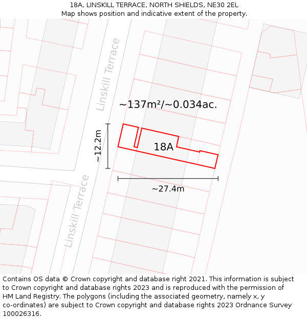 18A, LINSKILL TERRACE, NORTH SHIELDS, NE30 2EL: Plot and title map