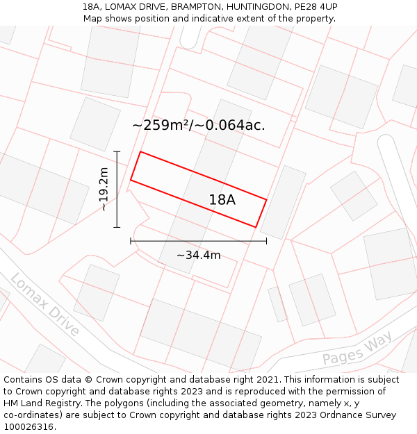 18A, LOMAX DRIVE, BRAMPTON, HUNTINGDON, PE28 4UP: Plot and title map
