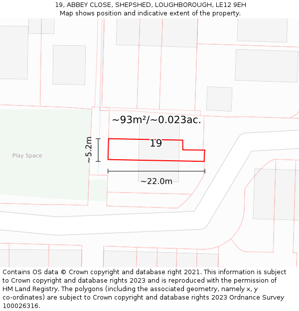 19, ABBEY CLOSE, SHEPSHED, LOUGHBOROUGH, LE12 9EH: Plot and title map