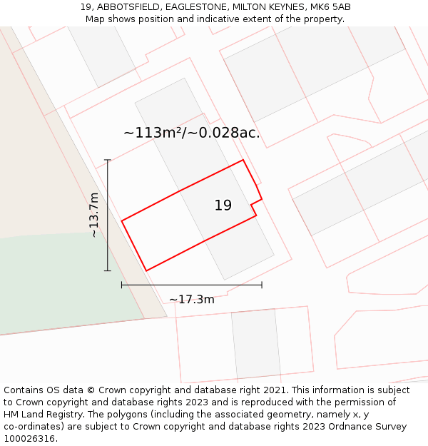 19, ABBOTSFIELD, EAGLESTONE, MILTON KEYNES, MK6 5AB: Plot and title map