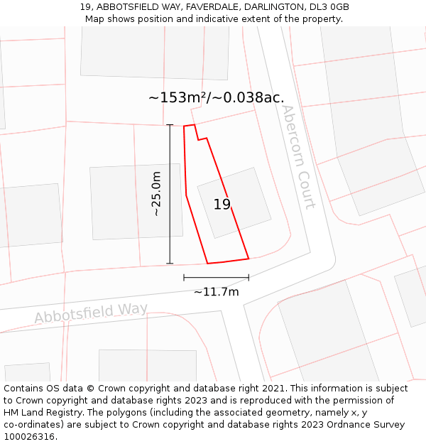 19, ABBOTSFIELD WAY, FAVERDALE, DARLINGTON, DL3 0GB: Plot and title map