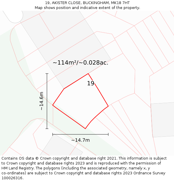 19, AKISTER CLOSE, BUCKINGHAM, MK18 7HT: Plot and title map