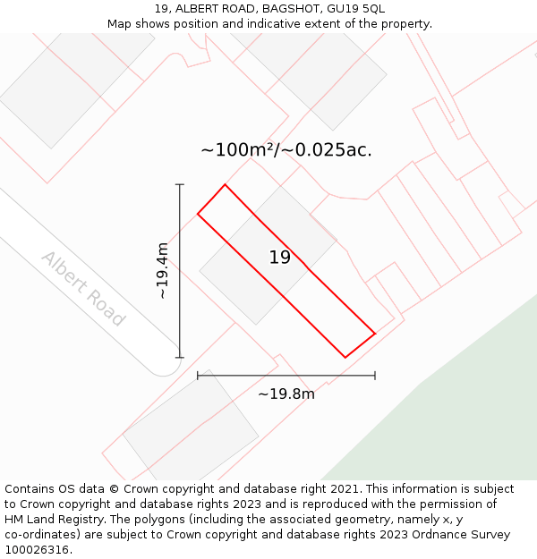 19, ALBERT ROAD, BAGSHOT, GU19 5QL: Plot and title map