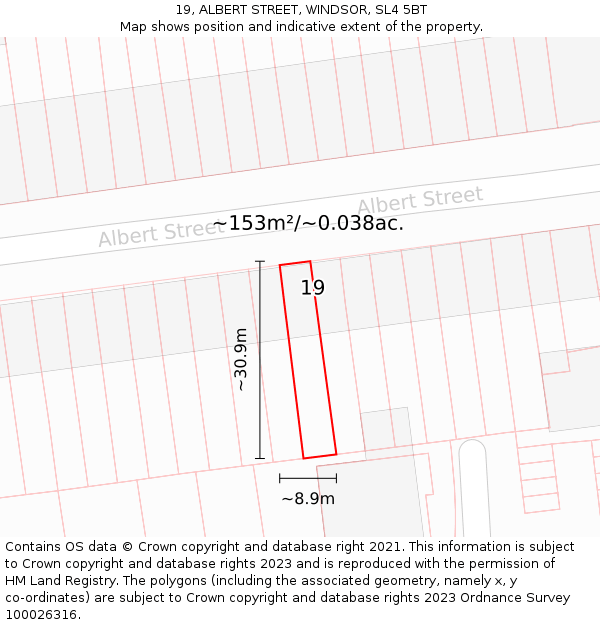 19, ALBERT STREET, WINDSOR, SL4 5BT: Plot and title map