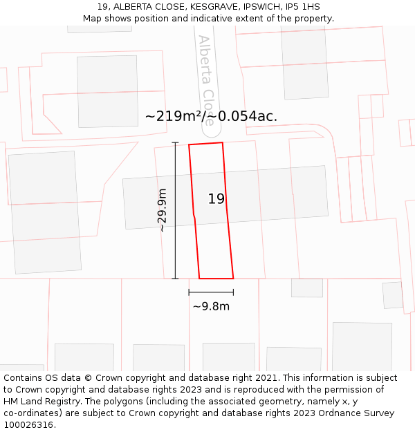 19, ALBERTA CLOSE, KESGRAVE, IPSWICH, IP5 1HS: Plot and title map