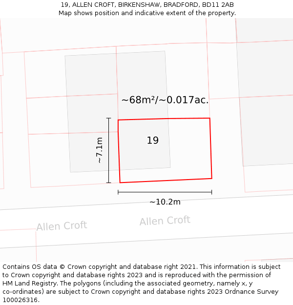 19, ALLEN CROFT, BIRKENSHAW, BRADFORD, BD11 2AB: Plot and title map