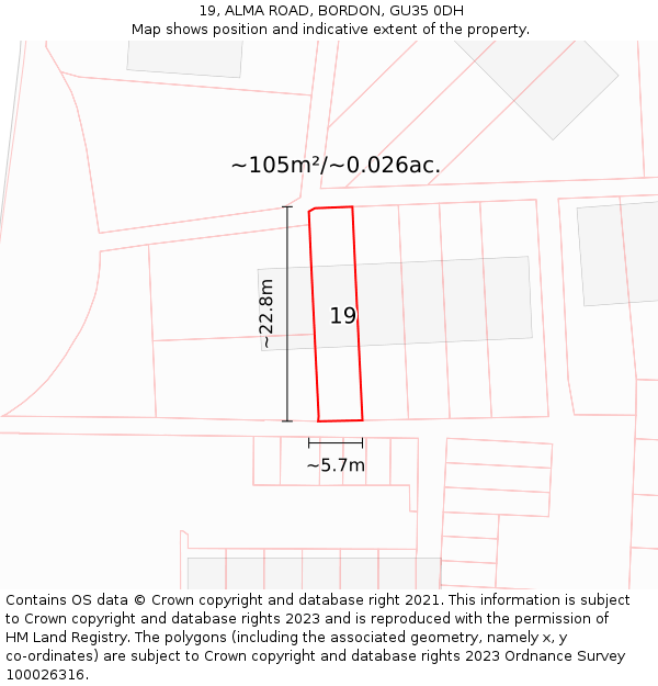 19, ALMA ROAD, BORDON, GU35 0DH: Plot and title map