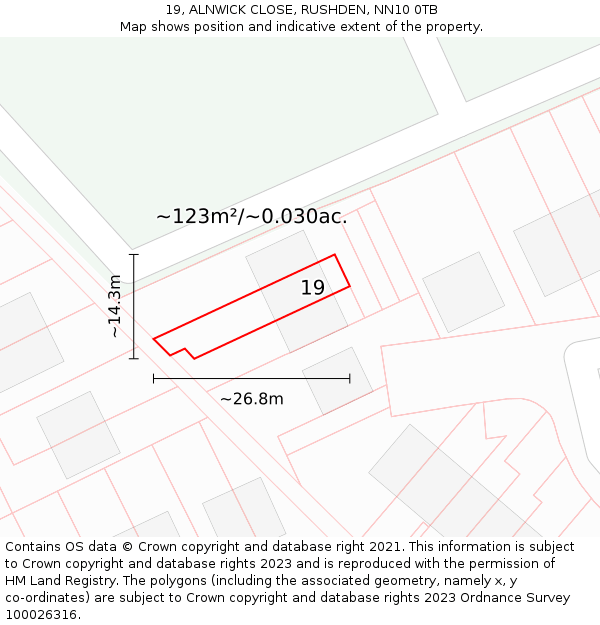19, ALNWICK CLOSE, RUSHDEN, NN10 0TB: Plot and title map