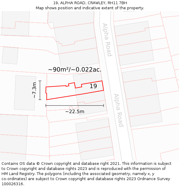 19, ALPHA ROAD, CRAWLEY, RH11 7BH: Plot and title map