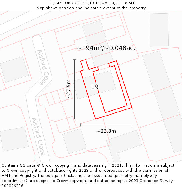 19, ALSFORD CLOSE, LIGHTWATER, GU18 5LF: Plot and title map