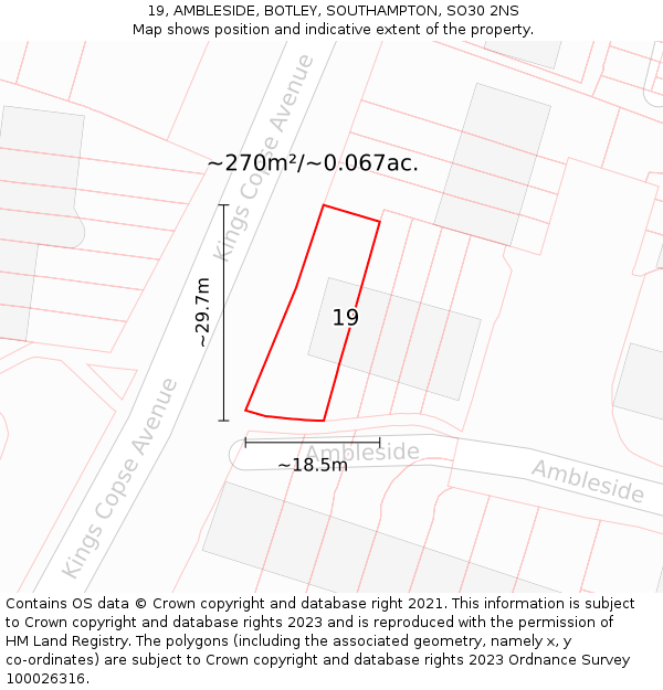 19, AMBLESIDE, BOTLEY, SOUTHAMPTON, SO30 2NS: Plot and title map