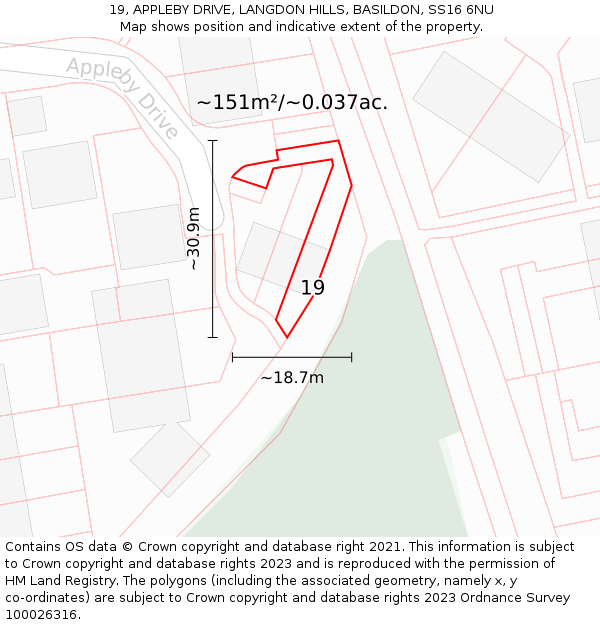 19, APPLEBY DRIVE, LANGDON HILLS, BASILDON, SS16 6NU: Plot and title map