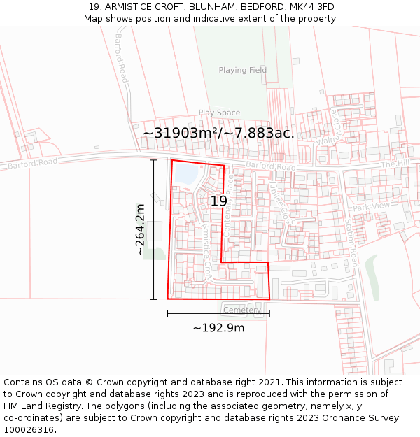 19, ARMISTICE CROFT, BLUNHAM, BEDFORD, MK44 3FD: Plot and title map