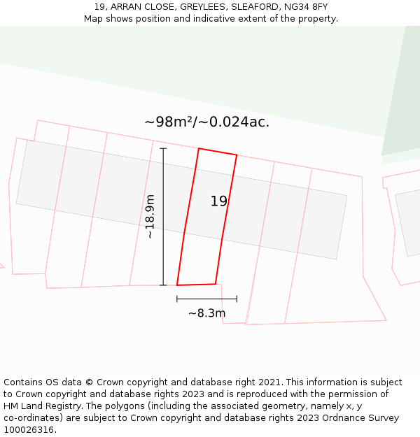 19, ARRAN CLOSE, GREYLEES, SLEAFORD, NG34 8FY: Plot and title map