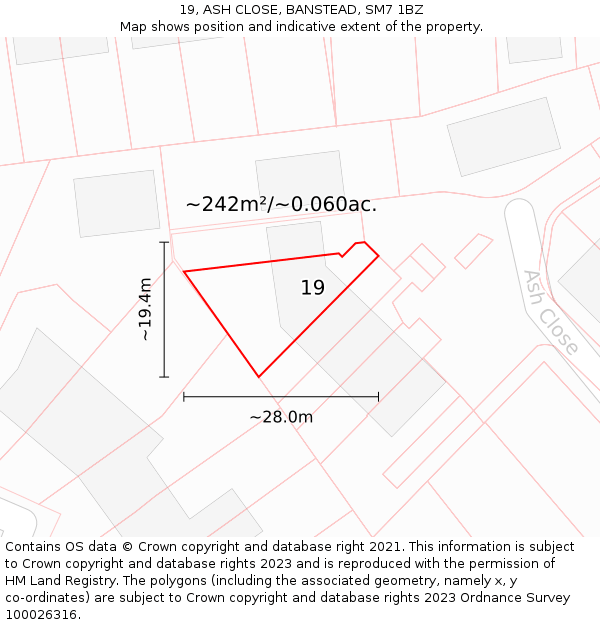 19, ASH CLOSE, BANSTEAD, SM7 1BZ: Plot and title map