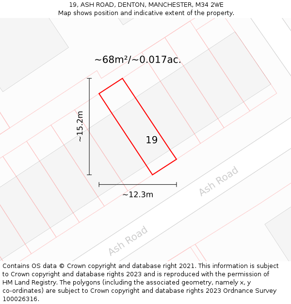 19, ASH ROAD, DENTON, MANCHESTER, M34 2WE: Plot and title map