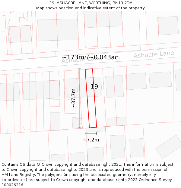 19, ASHACRE LANE, WORTHING, BN13 2DA: Plot and title map