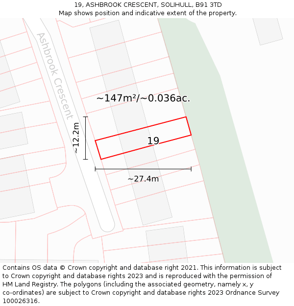 19, ASHBROOK CRESCENT, SOLIHULL, B91 3TD: Plot and title map