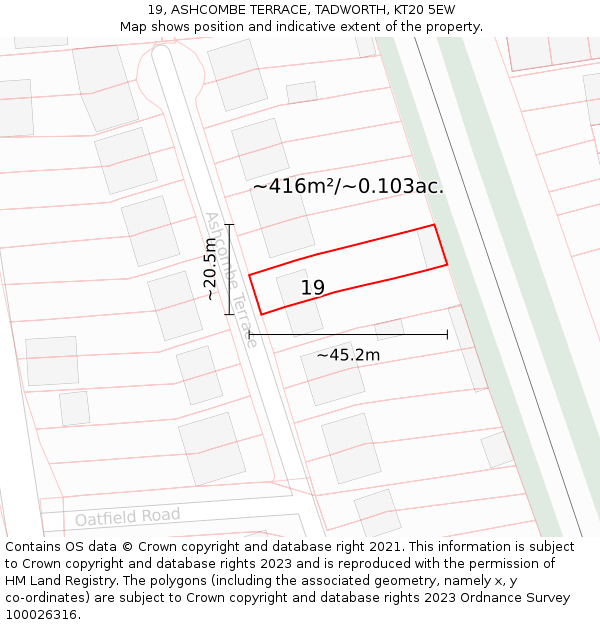 19, ASHCOMBE TERRACE, TADWORTH, KT20 5EW: Plot and title map