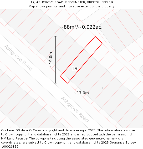 19, ASHGROVE ROAD, BEDMINSTER, BRISTOL, BS3 3JP: Plot and title map