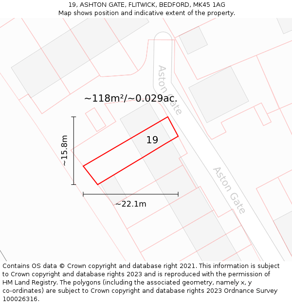 19, ASHTON GATE, FLITWICK, BEDFORD, MK45 1AG: Plot and title map