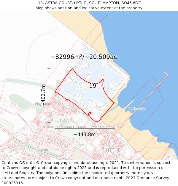 19, ASTRA COURT, HYTHE, SOUTHAMPTON, SO45 6DZ: Plot and title map
