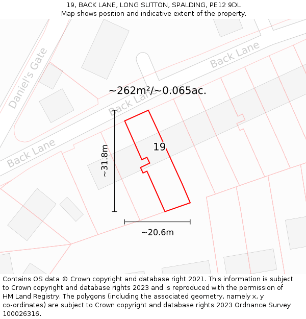 19, BACK LANE, LONG SUTTON, SPALDING, PE12 9DL: Plot and title map