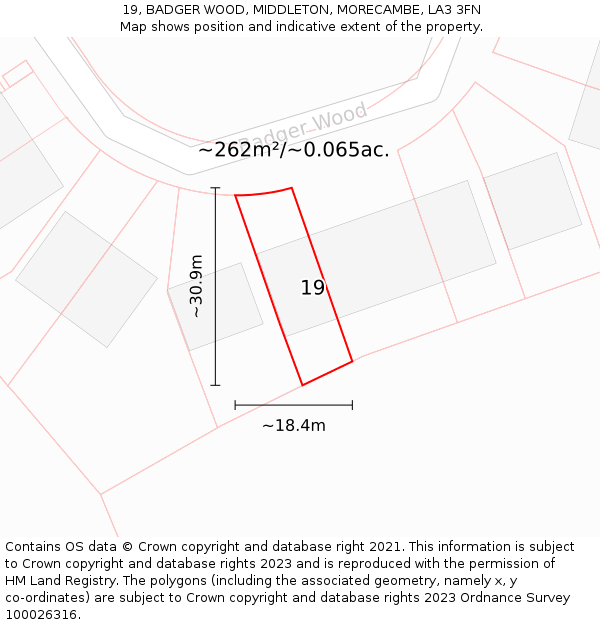 19, BADGER WOOD, MIDDLETON, MORECAMBE, LA3 3FN: Plot and title map